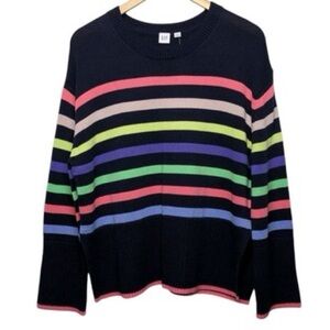 GAP Black Crewneck Sweater with Neon Rainbow Stripes